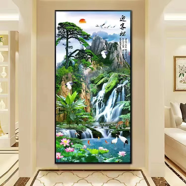 轻奢带灯入户玄关画山水风景办公挂画艺术立体手工镶钻晶瓷装饰画