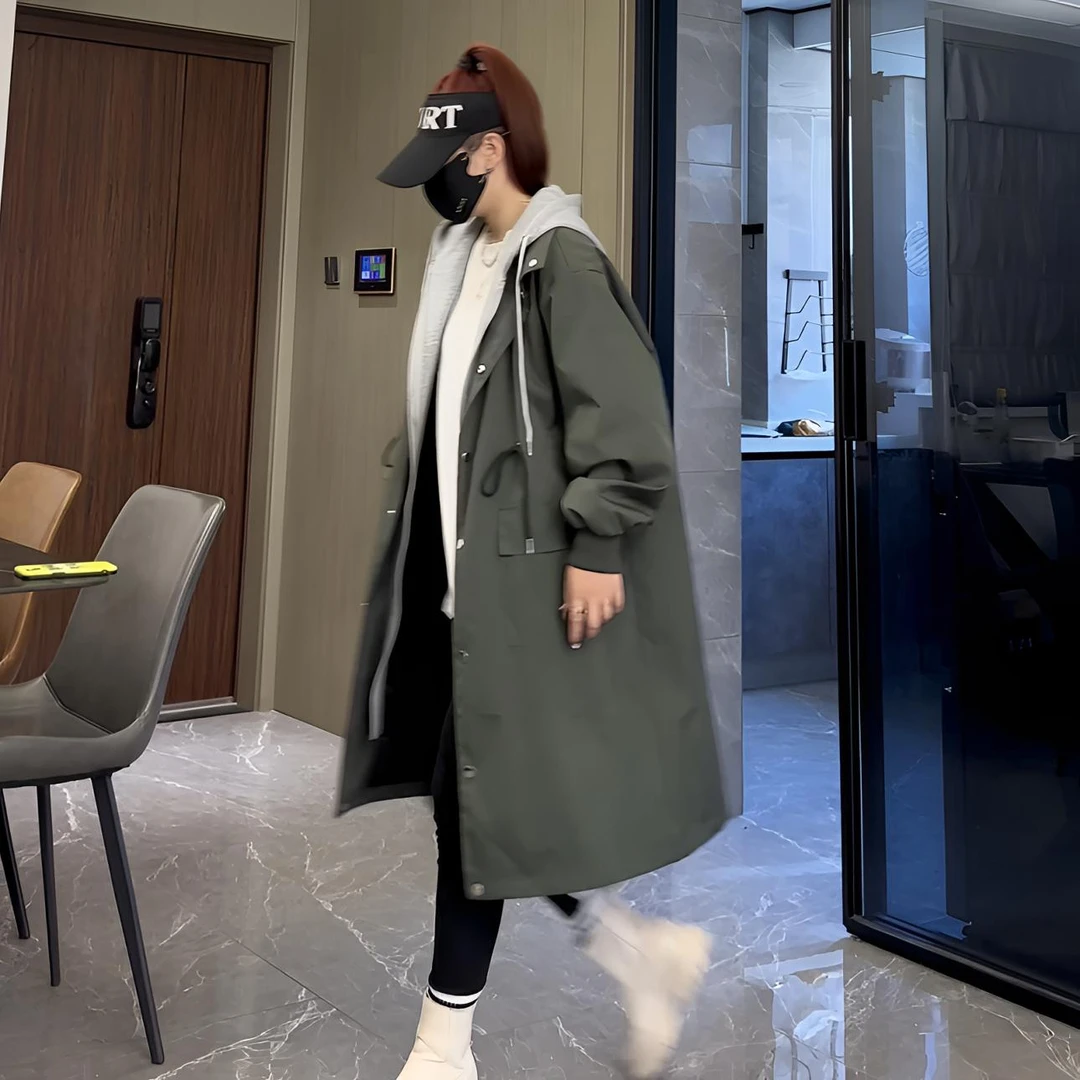 新款风衣女中长款大码韩版宽松过膝春秋外套休闲2025秋季黑色连帽