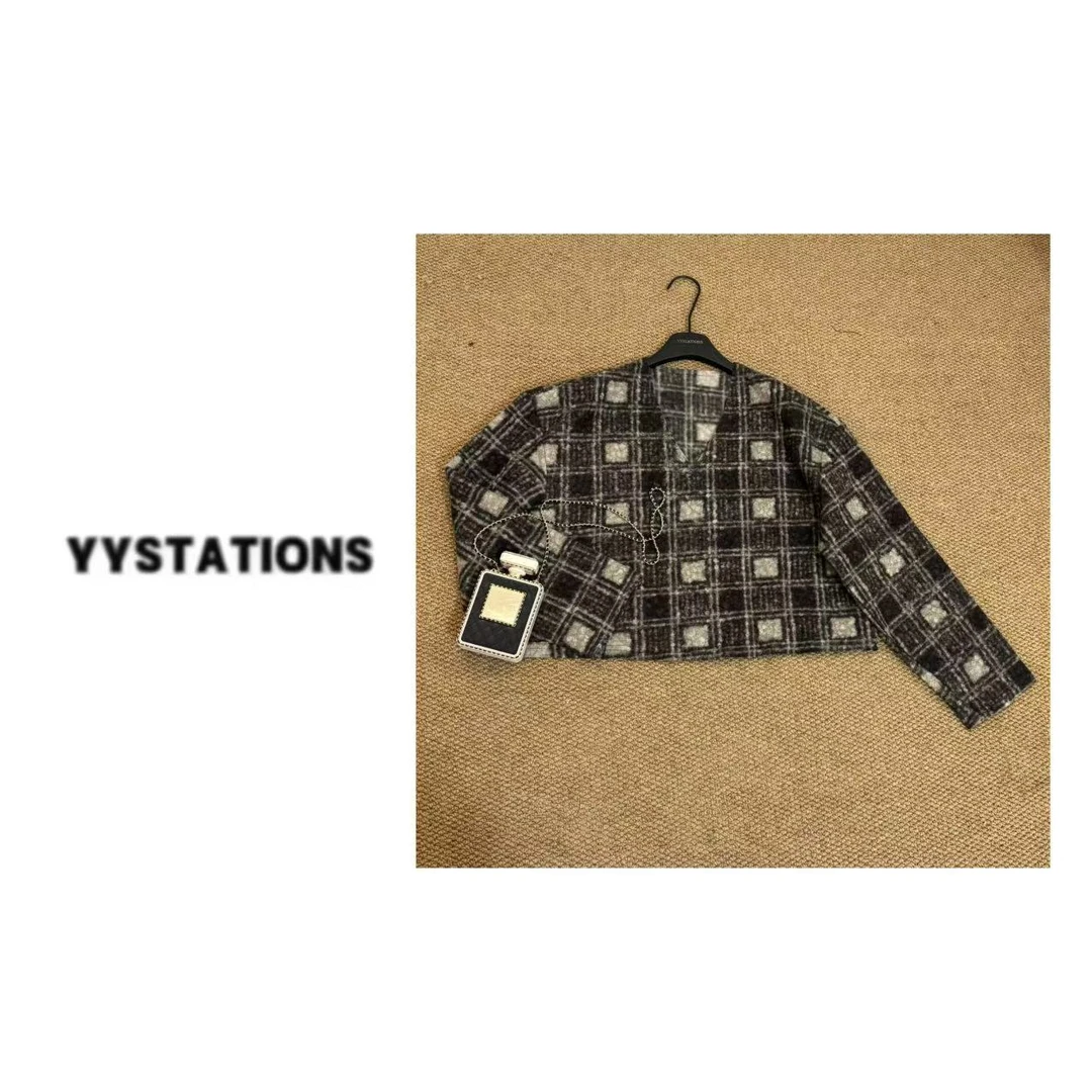 YYSTATIONS【格子！】V领复古格纹气质收腰显瘦套头毛妮外套女-75696