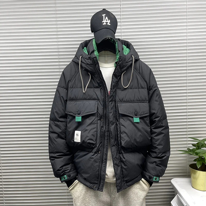 工装羽绒服男2023年新款冬季连帽短款加厚男生外套青少年潮牌冬装