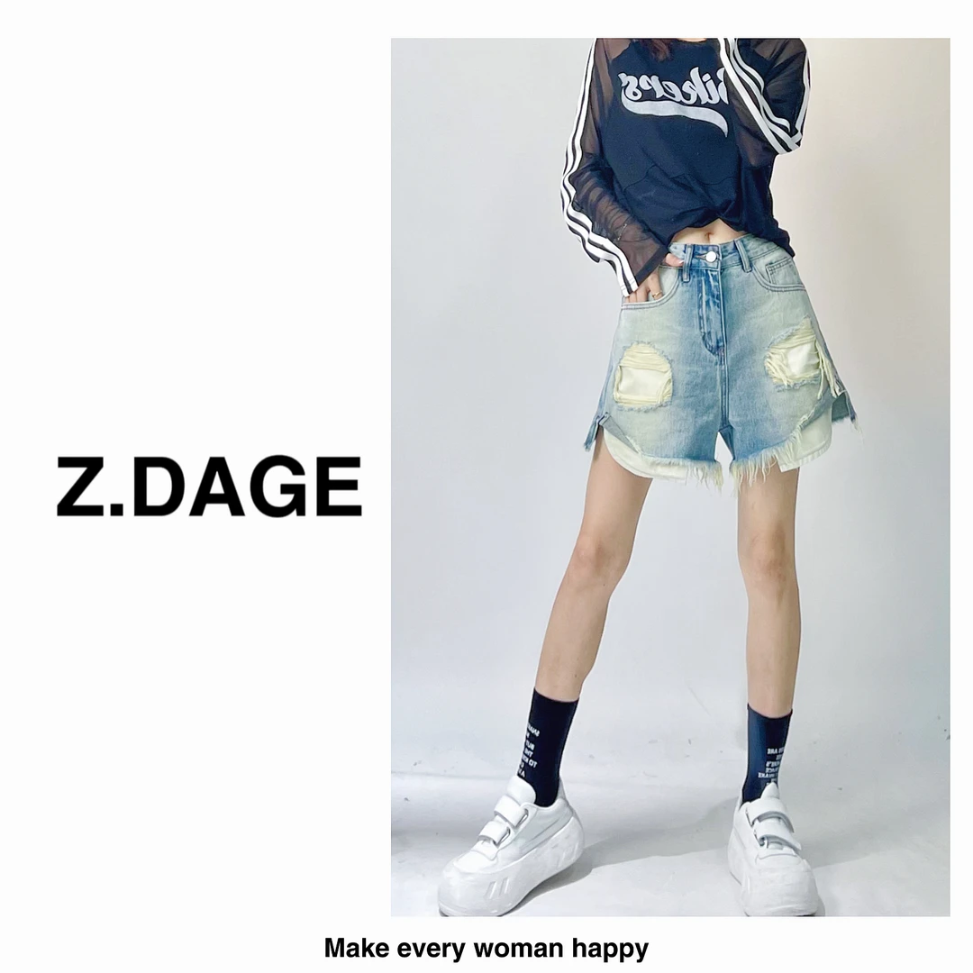 【大哥潮牌7】时尚短裤女夏季休闲百搭个性双破洞做旧牛仔短裤23678