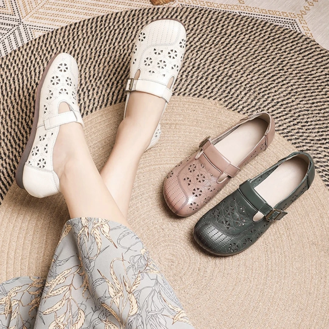 24新款妈妈鞋真皮牛筋底软底女凉鞋中老年洞洞鞋防滑透气镂空单鞋