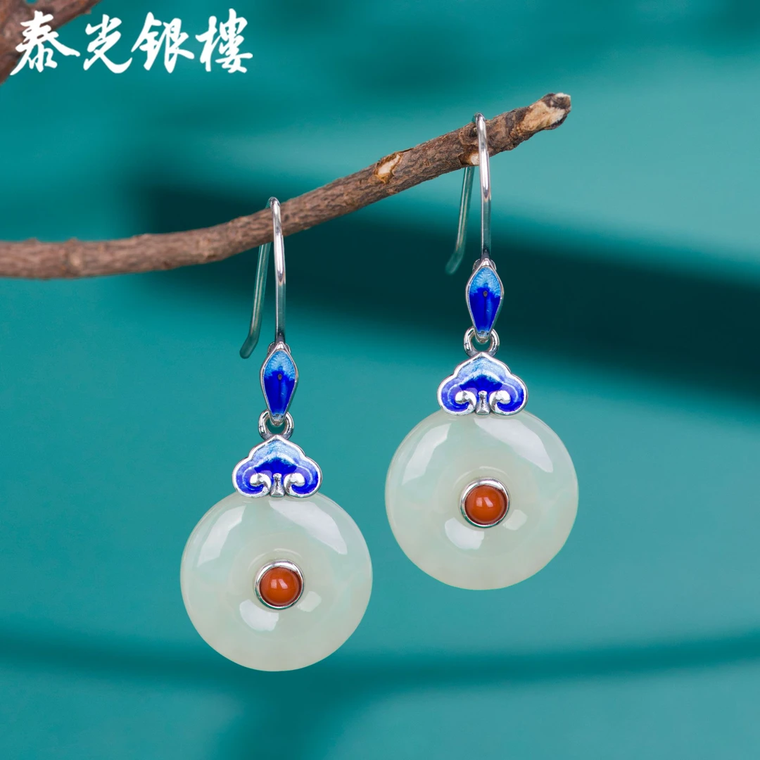 泰光银楼 925银珐琅耳饰 925银景泰蓝平安扣如意耳坠民族风耳饰
