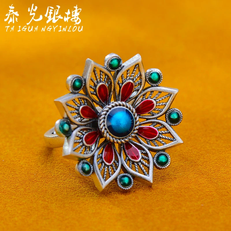 泰光银楼 足银珐琅戒指 足银凤羽戒指个性国风银饰