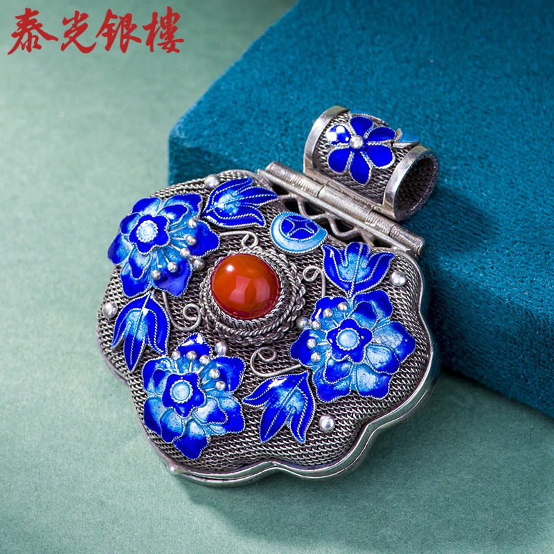 泰光银楼 吊坠925银珐琅 马雅静设计牡丹花丝烧蓝如意香囊盒吊坠