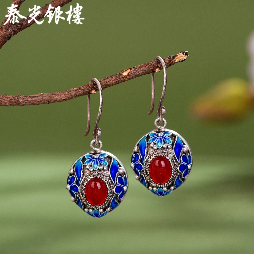 泰光银楼 925银珐琅耳饰 马雅静设计烧蓝花丝荷花耳坠嵌宝国风银