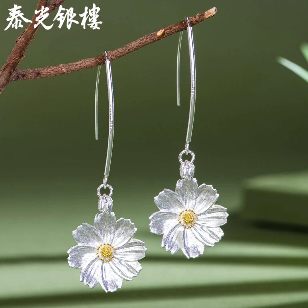 泰光银楼 足银耳饰 阿海设计足银999格桑花耳坠古法民族风耳饰