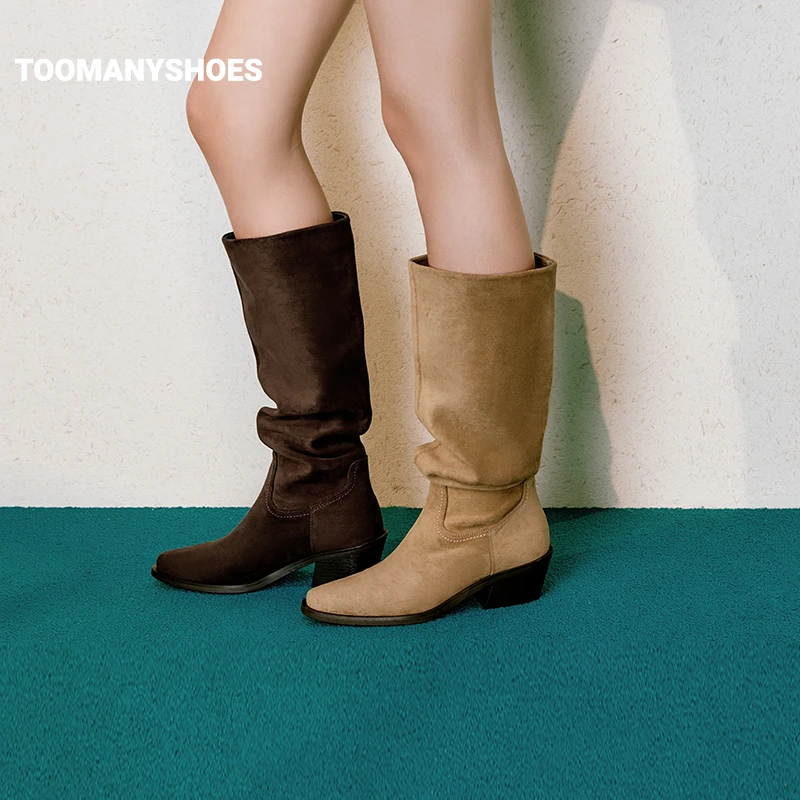 【孟子义同款】Toomanyshoes靴子新款奥德赛粗高跟长靴显瘦骑士靴女