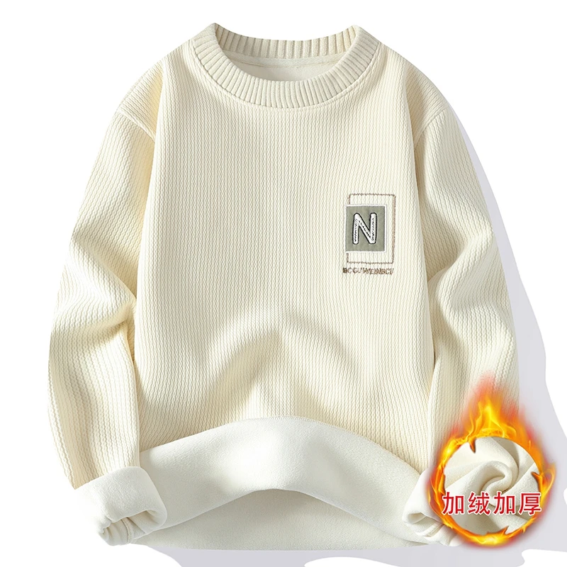 慵懒风加绒加厚圆领毛衣男款冬季白色高级感男士内搭针织打底衫