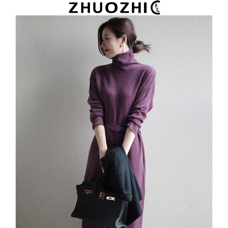 [卓芝]法式高级感系带针织连衣裙2024秋冬新款收腰显瘦气质中长裙