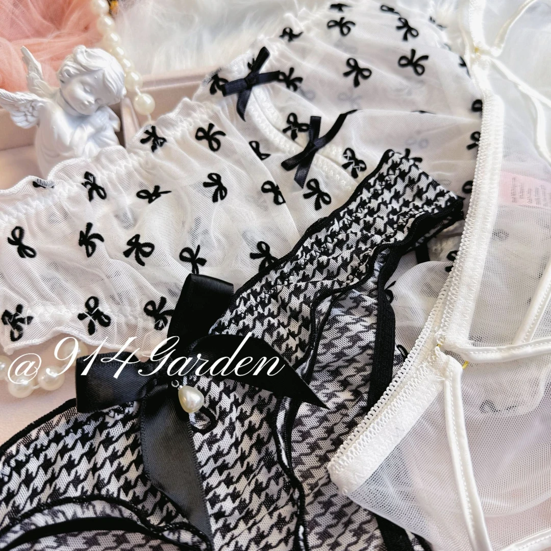 “满级芭蕾”纯欲甜美ins风千鸟格蝴蝶结黑白系性感蕾丝女士内裤