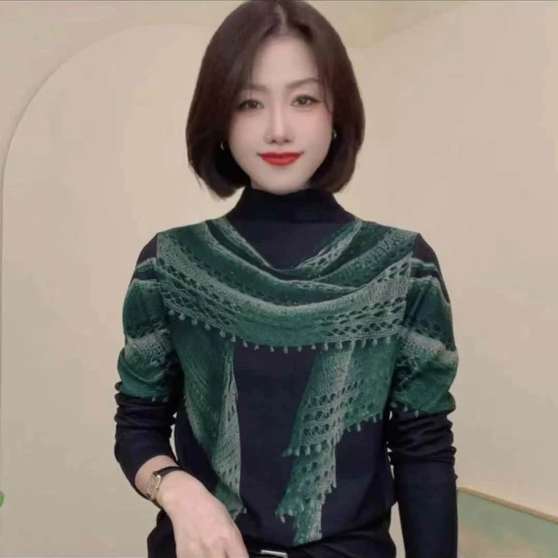 秋冬新款气质T恤洋气时尚设计感百搭上衣假围巾减龄保暖打底衫