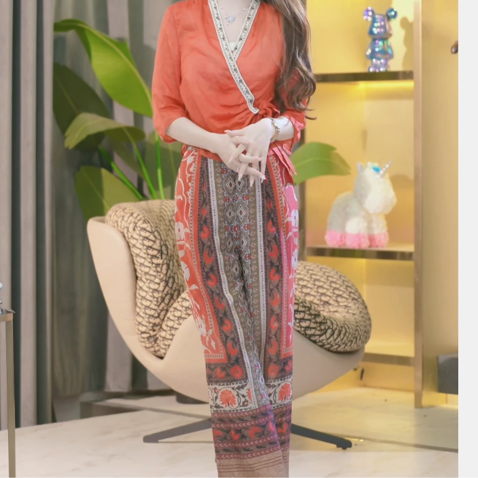 【张喜喜】高腰百搭休闲显瘦气质国风定位印花新款裤女 2472524