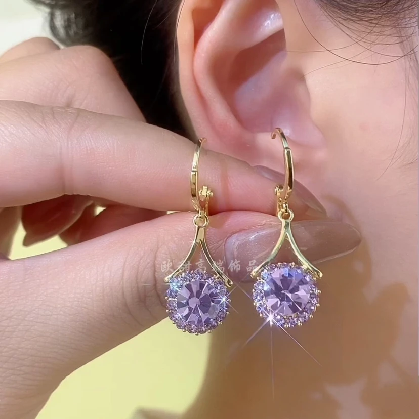 铜合金耳饰 紫色水滴简约大气时髦新款轻奢气质百搭耳饰