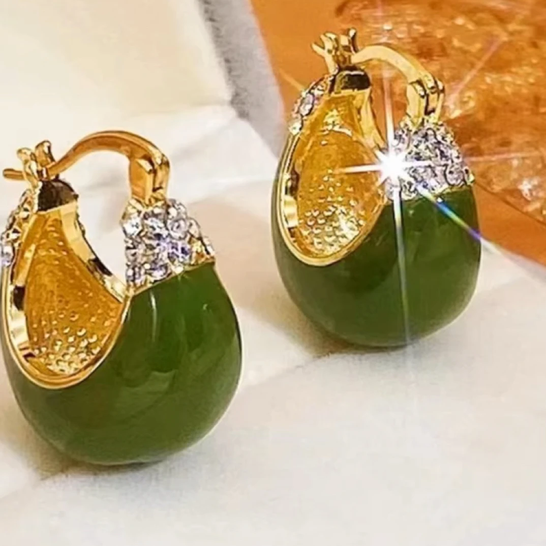 铜合金耳饰 轻奢复古绿色镶嵌简约百搭时尚耳环