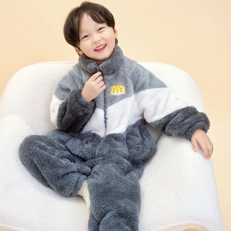 儿童秋冬季保暖睡衣套装宝宝中大童男童外穿加绒加厚珊瑚绒家居服