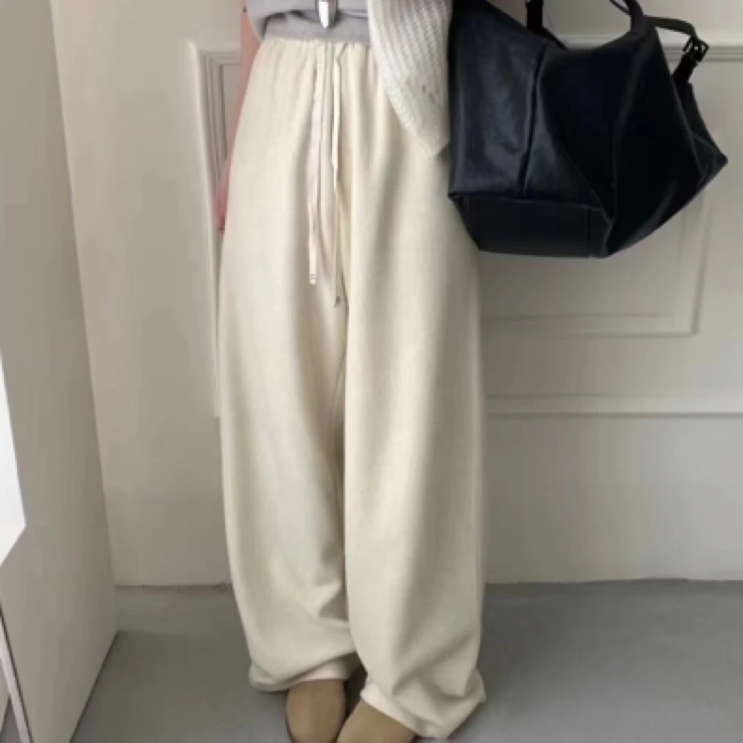 秋冬休闲长裤舒适厚款百搭松紧腰抽绳阔腿裤宽松笑脸发财毛巾布料