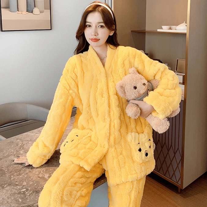 新款时尚舒适居家服女宽松大码长袖家居服加绒保暖加厚睡衣套装