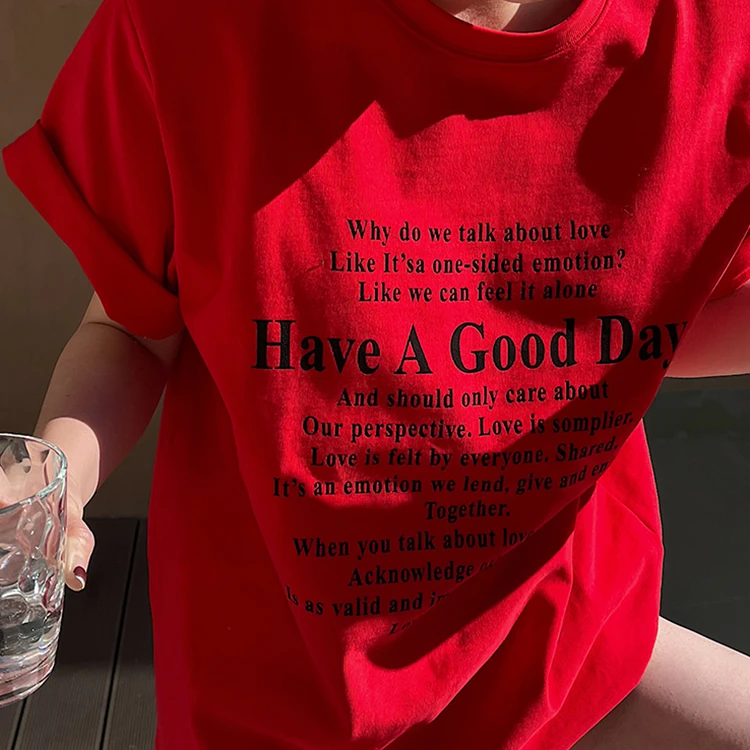 红色大T恤印花女夏季新款百搭圆领宽松显瘦纯棉休闲短袖上衣大码