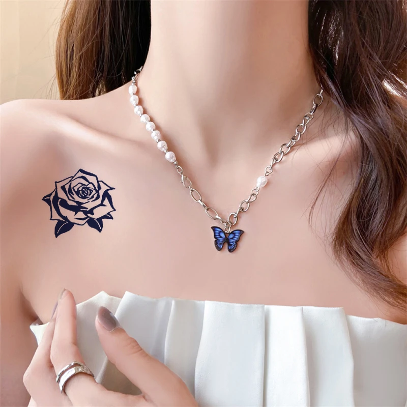 玫瑰草本纹身贴防水持久果汁半永久女锁骨手腕脚踝遮瑕仿真贴纸