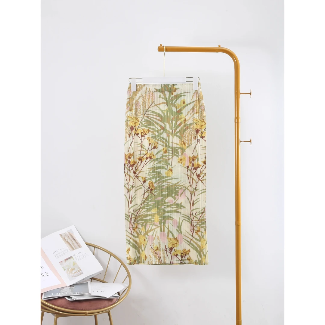 开叉褶皱半身裙女春夏高腰显瘦修身气质款中长裙松紧腰直筒百褶裙