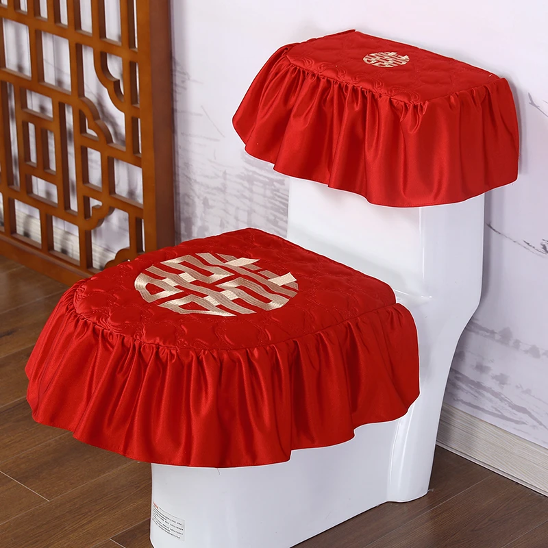 马桶罩三件套大红色刺绣喜字喜庆马桶坐便圈中式婚礼结婚装饰用品