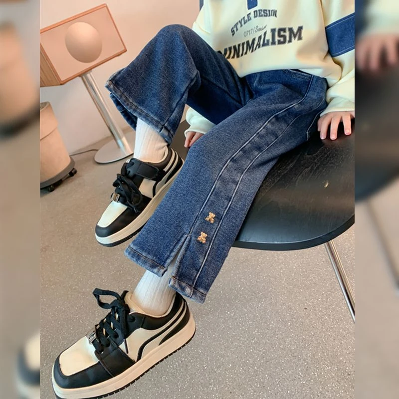 女童裤子冬冬款加绒2023新款冬装时髦一体绒牛仔裤冬儿童装长裤a