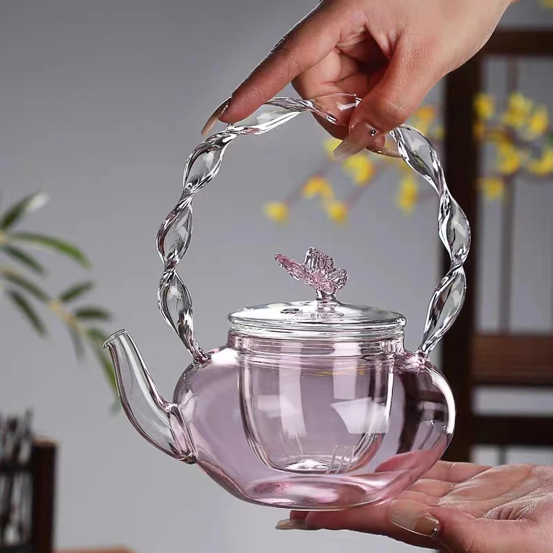 北欧风格泡茶壶耐热捏花粉钻提梁壶围炉煮茶小茶壶轻奢茶具美人壶