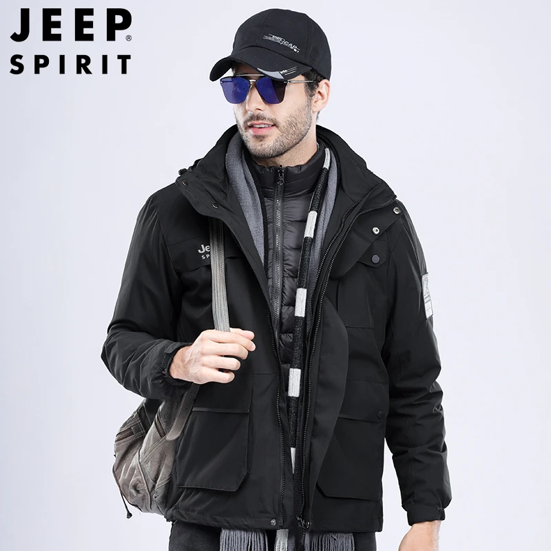 JEEPSPIRIT羽绒服男冬季三合一两件套冲锋上衣情侣防水保暖外套