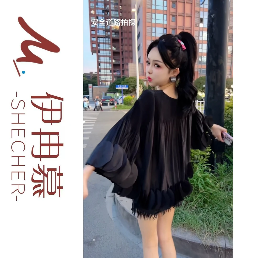 【伊冉慕】欧货秋季法式温柔风褶皱花瓣袖圆领气质休闲百搭时尚上衣