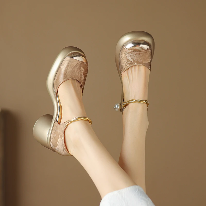 牛皮/7cm/时尚百搭夏季小个子增高跟厚底真皮软底包头凉鞋女鞋