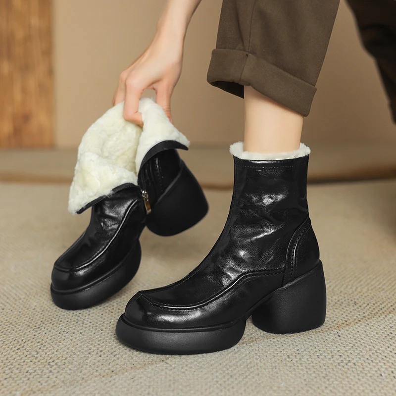 羊皮/8cm/秋冬新款时尚百搭羊毛保暖雪地靴粗跟厚底增高跟短靴女