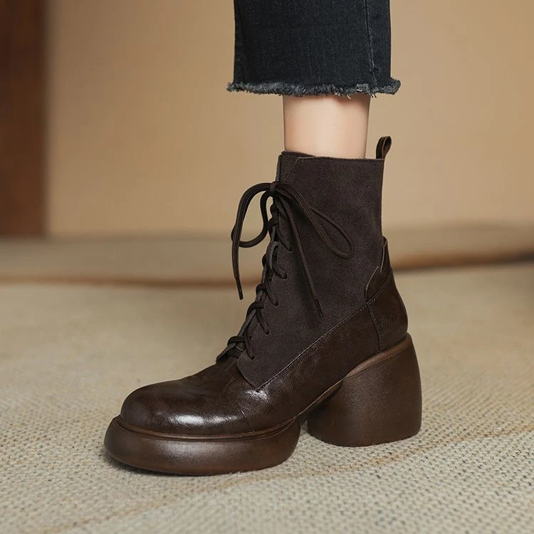 羊皮/8cm/秋百搭真皮厚底英伦风秋冬系带时尚增高舒适妈妈鞋短靴