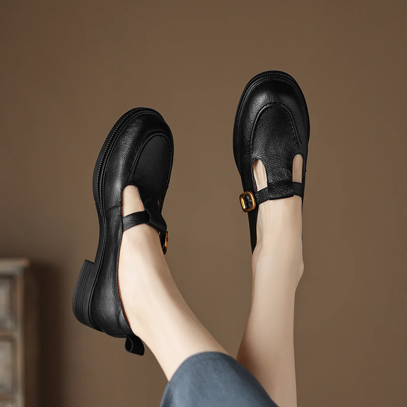 羊皮/3cm/舒适百搭夏季真皮软底复古厚底圆头玛丽珍粗跟单鞋女鞋