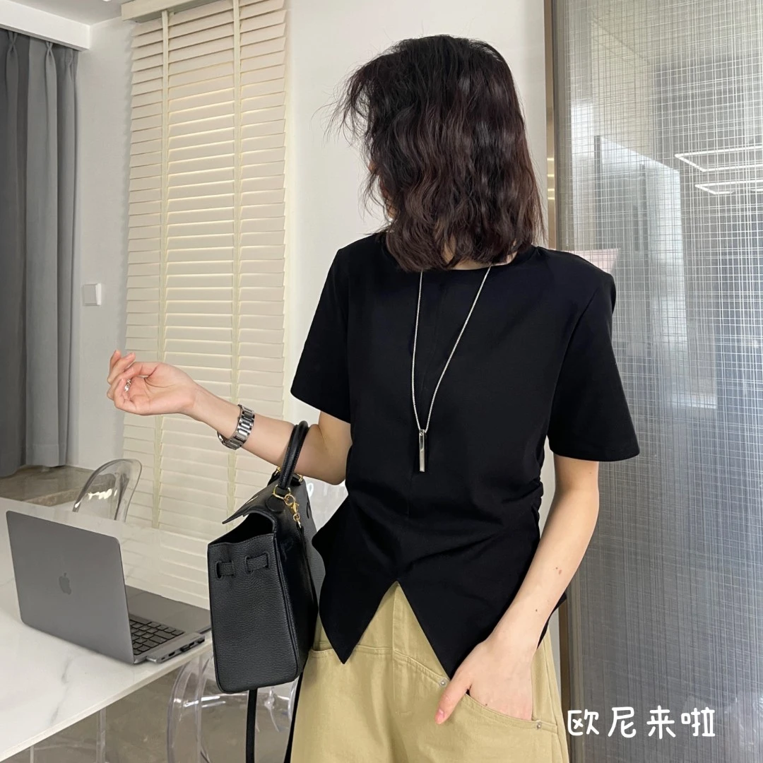 欧尼家【南希短袖】前开叉设计感修身显瘦圆领百搭休闲t恤夏季T恤