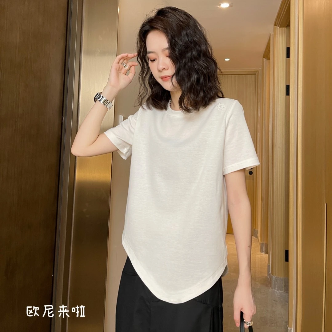 欧尼家【AY短袖】字母刺绣夏季圆领纯色时尚百搭显瘦t恤简约宽松