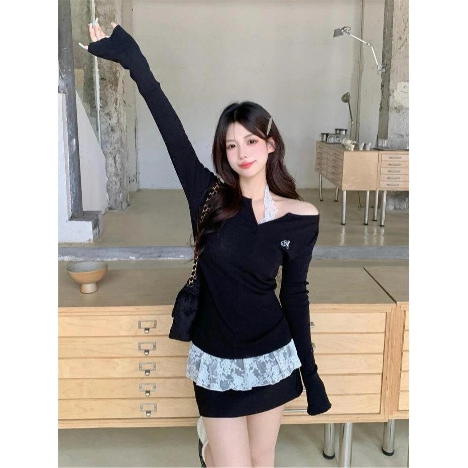 秋季套装蕾丝挂脖背心胖MM设计感叠穿露肩黑色针织衫两件套