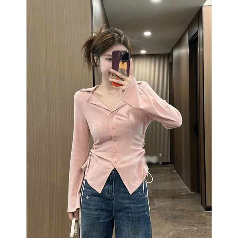 【金咕咕】秋冬女新款胖MM抽绳设计感T恤洋气收腰开叉不规则上衣