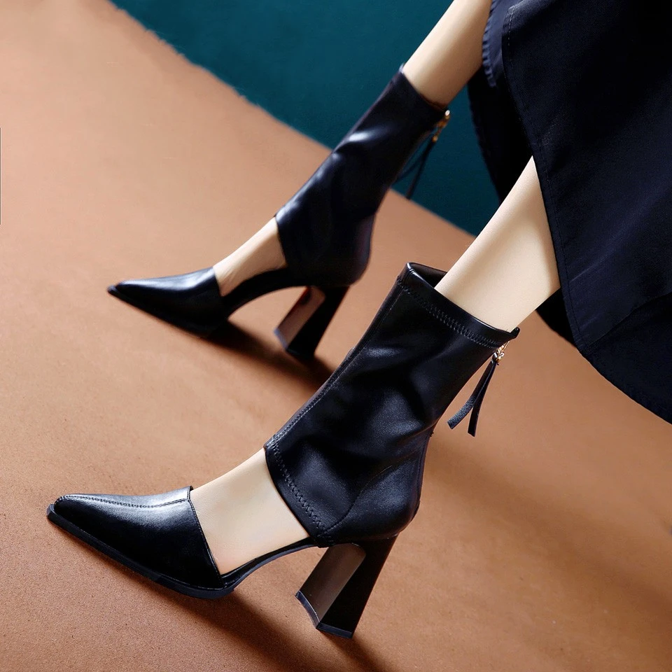 7CM性感镂空粗跟中筒靴2024秋季百搭尖头高跟靴子气质法式瘦瘦靴