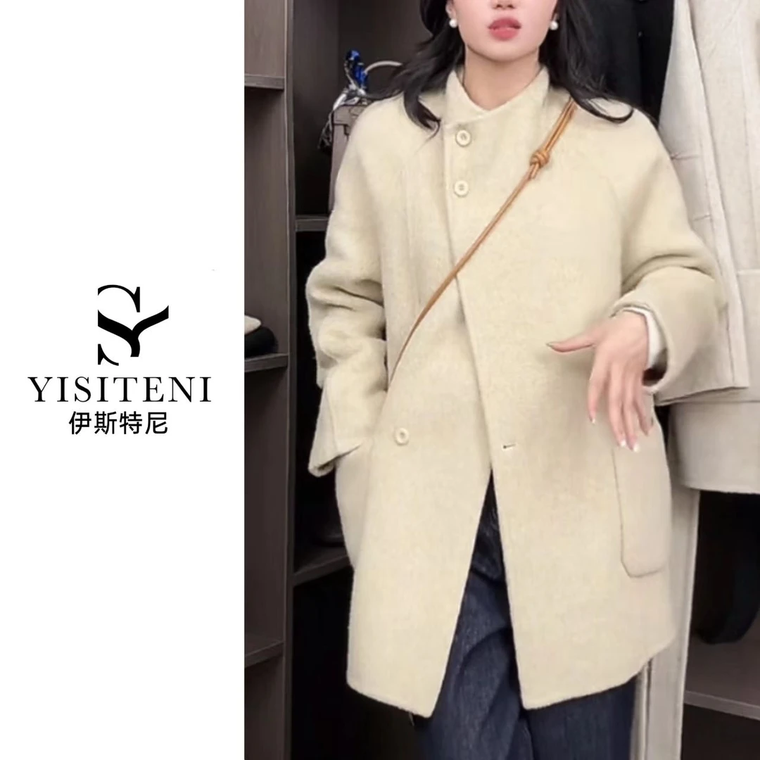 【YisiTeni翻领立领款】韩版腰带中长款时尚休闲双面羊毛外套Y610