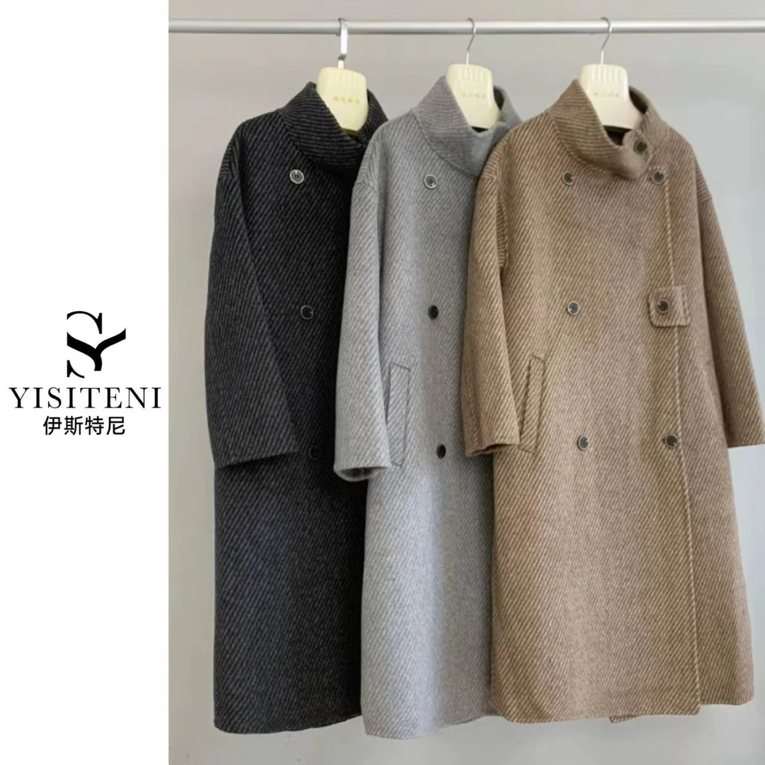 【YisiTeni8035】双面羊毛大衣韩系复古中长款显瘦立领斜纹毛呢外套