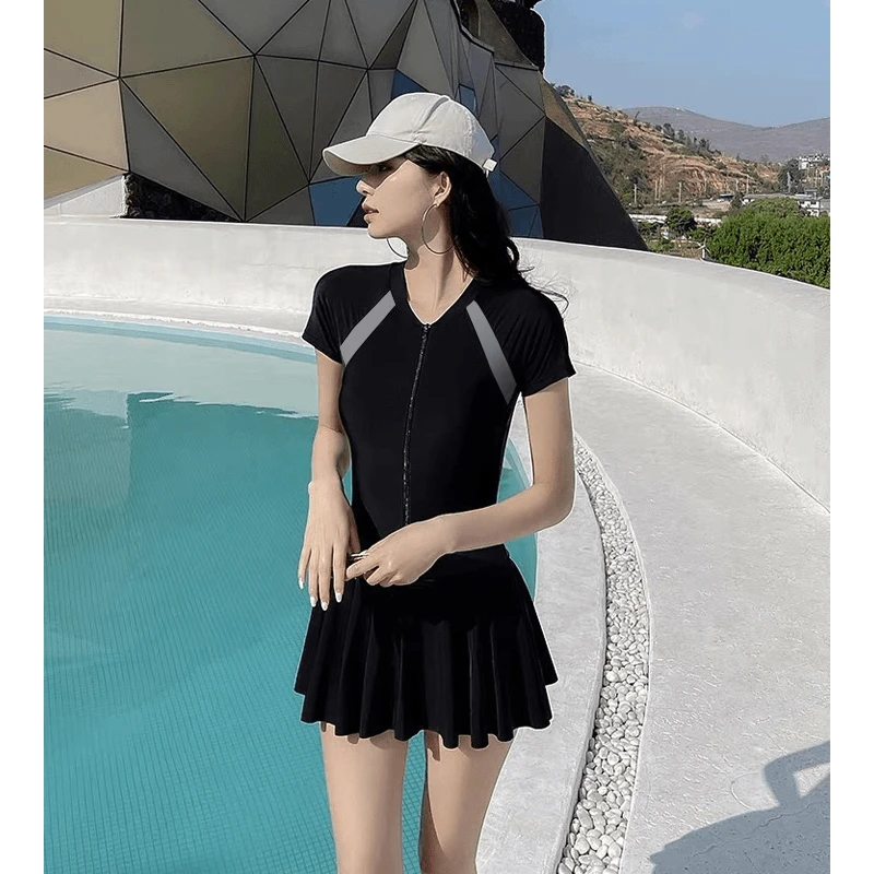 大码连体泳衣夏季新款女ins网红拼接韩版保守遮肚时尚泳装游泳衣