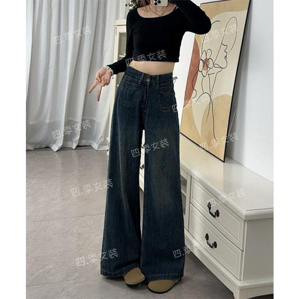 2024秋季爆款复古深蓝阔腿牛仔裤女宽松百搭高腰显高显瘦拖地裤
