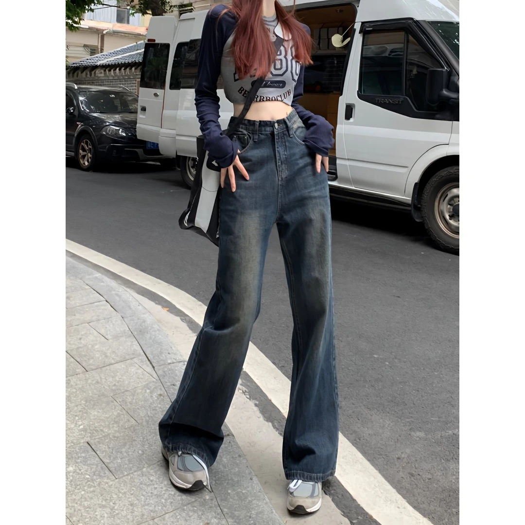 复古蓝色直筒裤牛仔裤女秋季阔腿裤高街微喇叭裤拖地长裤子潮5118