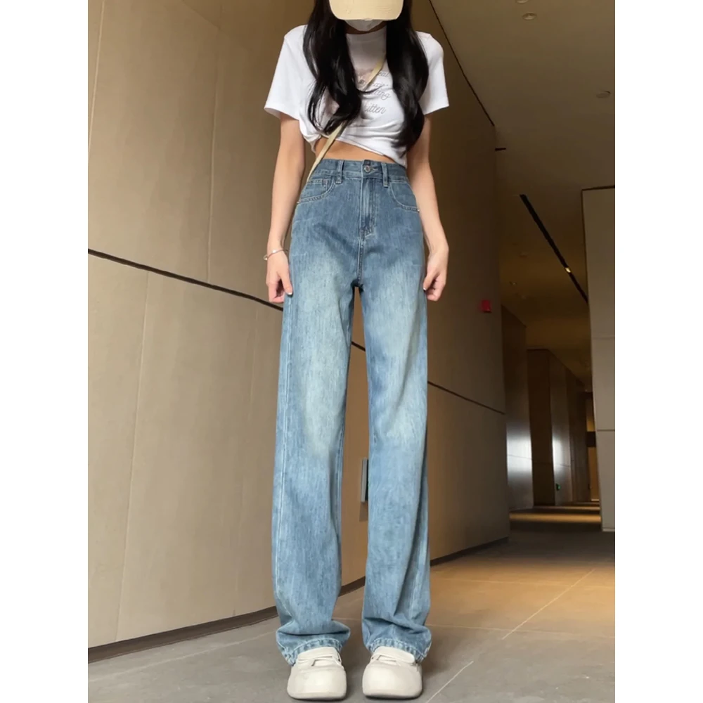 复古窄版直筒牛仔裤女春秋2023新款加长高个子高腰宽松阔腿拖地裤