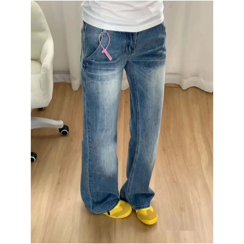 辣妹低腰微喇直筒牛仔裤女2024夏季新款阔腿热裤垂感百搭拖地裤子