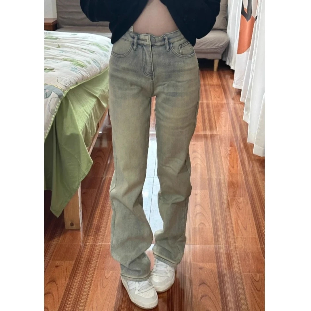 175高个子加长黄泥染牛仔裤女高腰弹力直筒堆堆裤显瘦窄版拖地裤