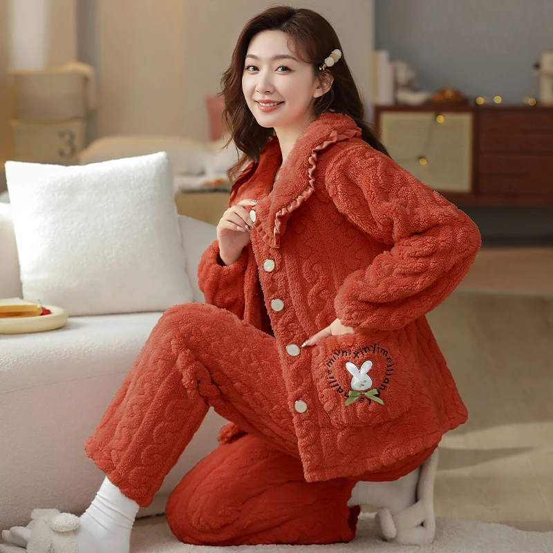 秋冬季珊瑚绒睡衣女加绒加厚法兰绒冬天可外穿宽松保暖家居服套装