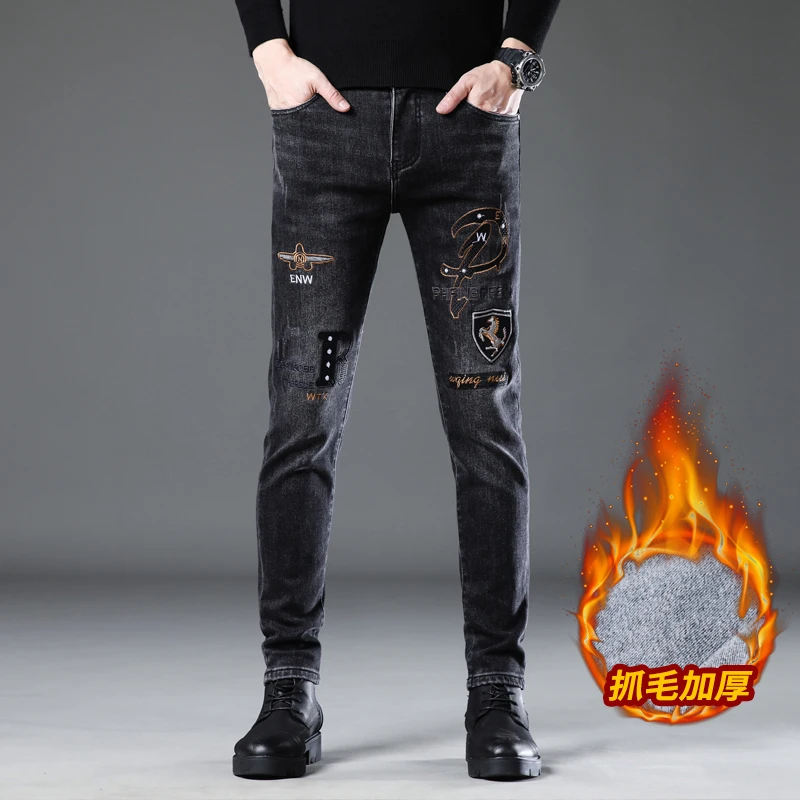 磨毛抓绒男士刺绣牛仔裤男加绒秋冬新款弹力百搭修身直筒裤黑色男