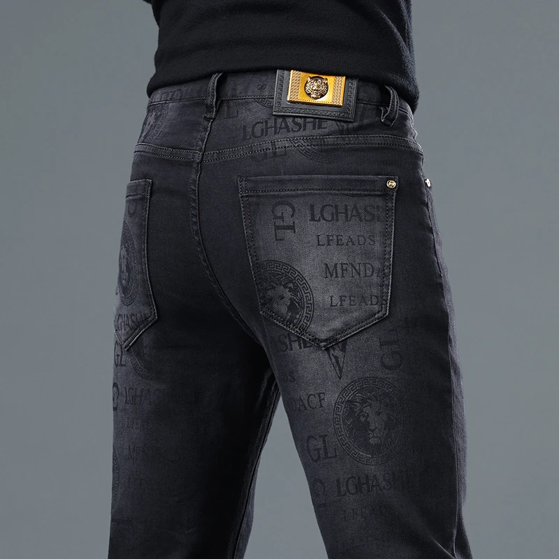 CGIUI男士秋冬新款黑色印花牛仔裤加绒男潮牌弹力百搭宽松直筒裤